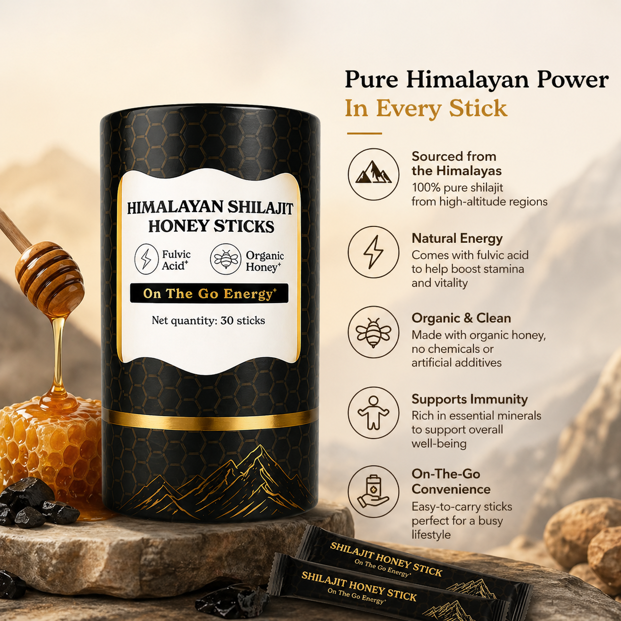 Euphoria™ GOLD+ Shilajit Honey Sticks | Lab-Tested for Purity | 85 Minerals & Fulvic Acid for Energy & Stamina | 30 Packs | Dietary Supplement